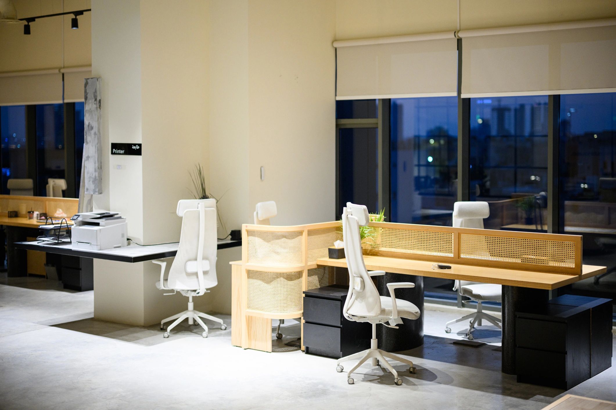 Modern commercial office interior with clean millwork and collaborative workspace